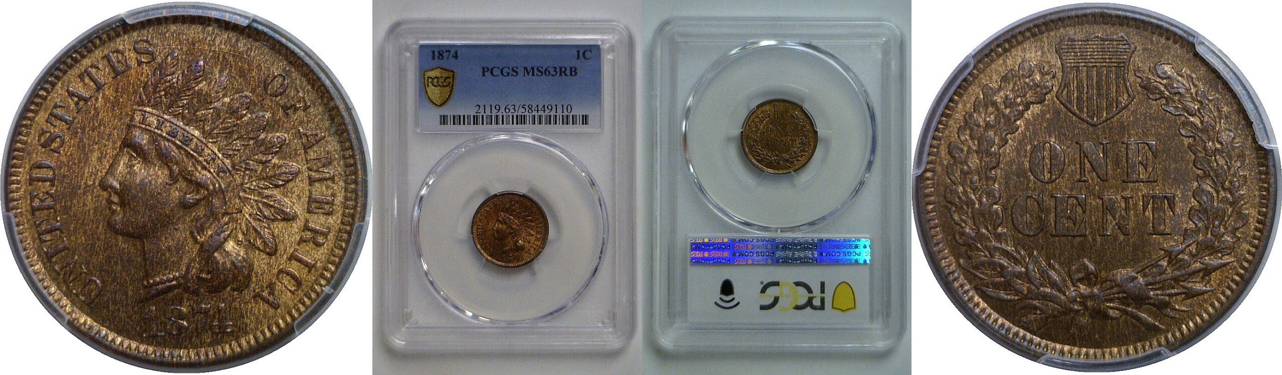 1874 Indian Head Cent   PCGS MS-63 RB