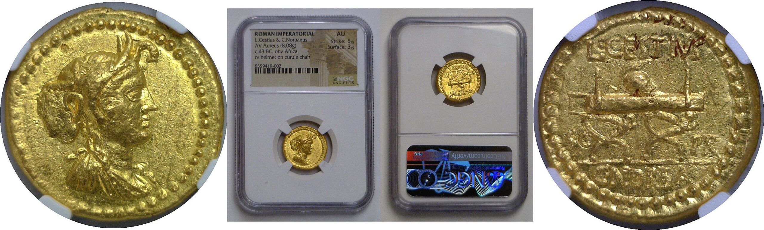 Roman Imperatorial AV Aureus – L. Cestius & C. Norbanus, c. 43 BC, NGC AU