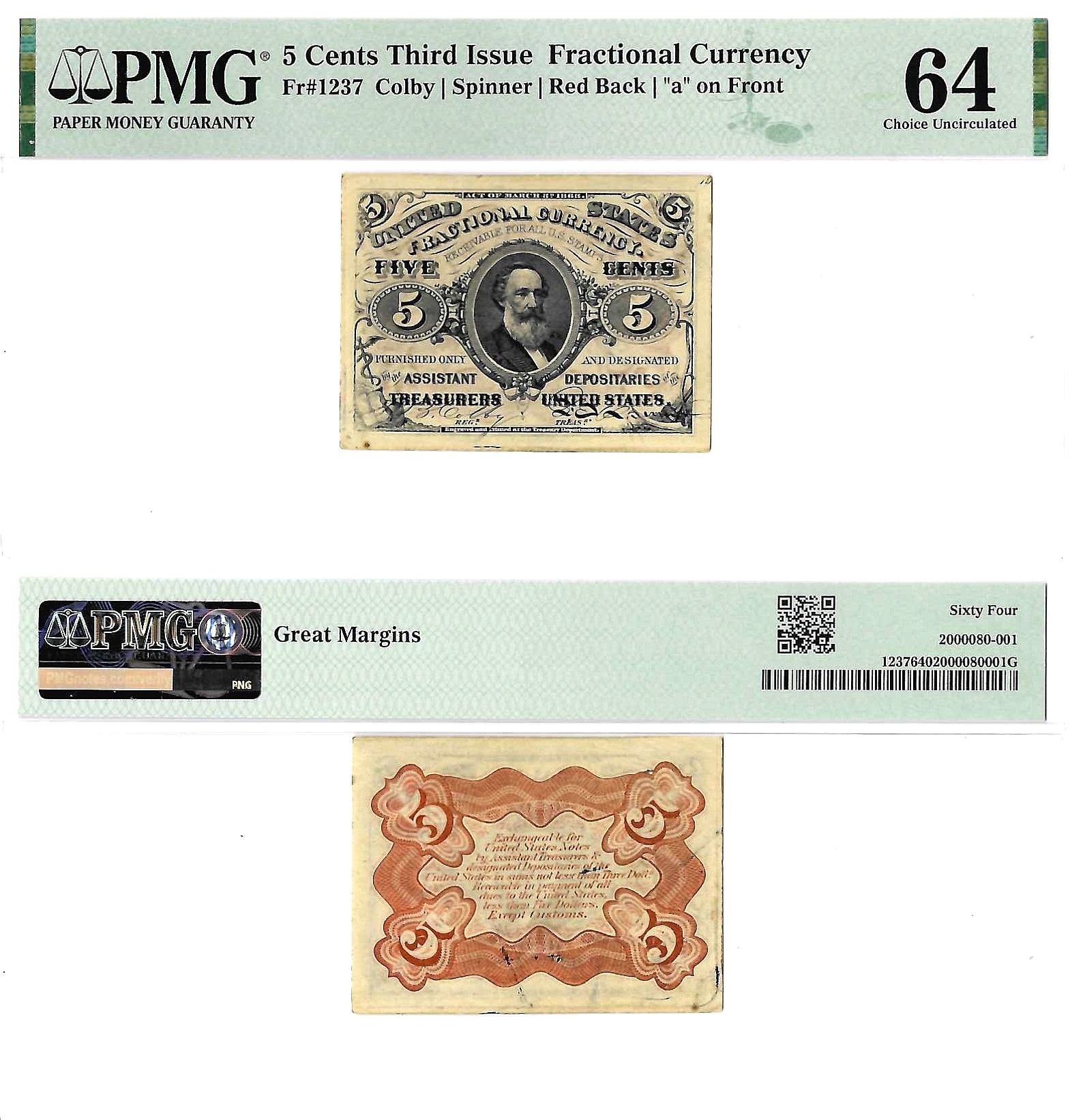 5 Cents Third Issue Fractional Currency Fr. 1237 PMG Choice UNC 64