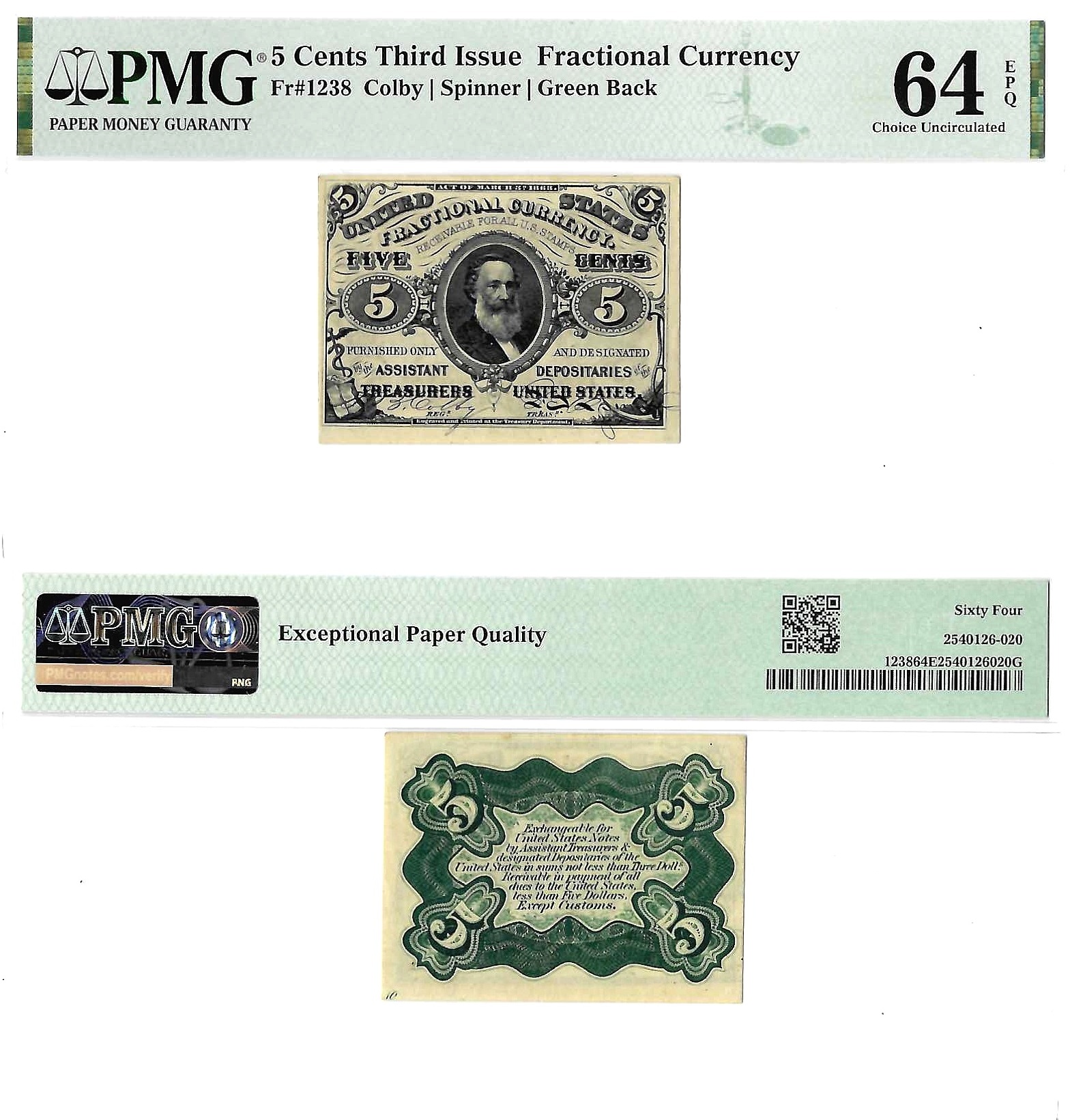 5 Cents Third Issue Fractional Currency Fr. 1238 PMG Choice UNC 64 EPQ