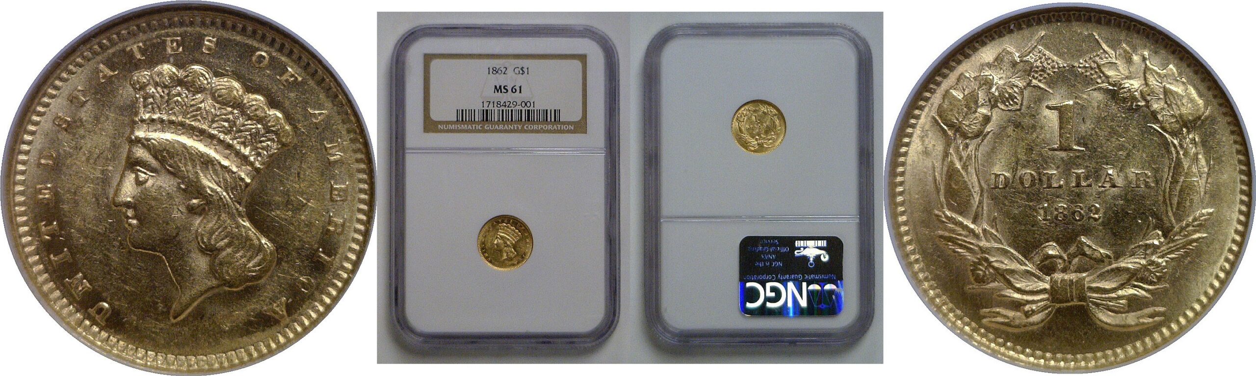 1862 One Dollar Gold Coin   NGC MS-61