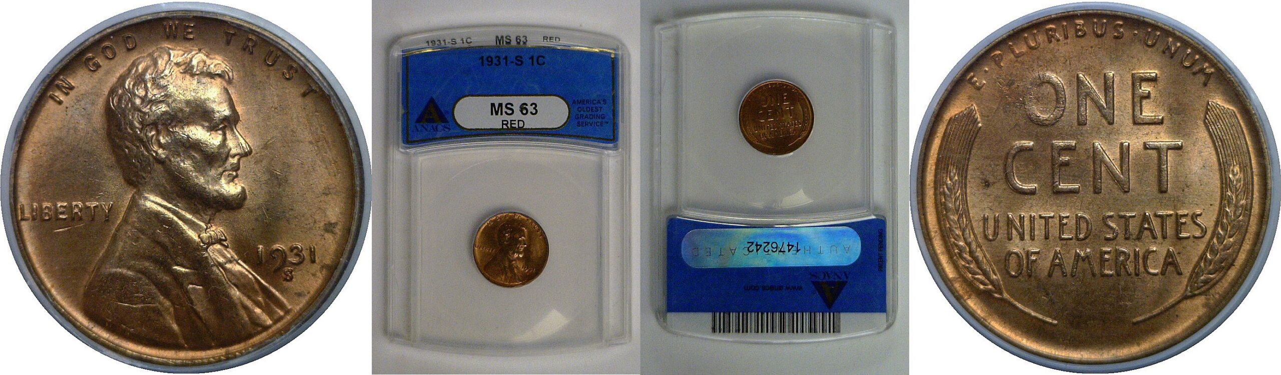 1931-S Lincoln Cent   ANACS MS-63 RD