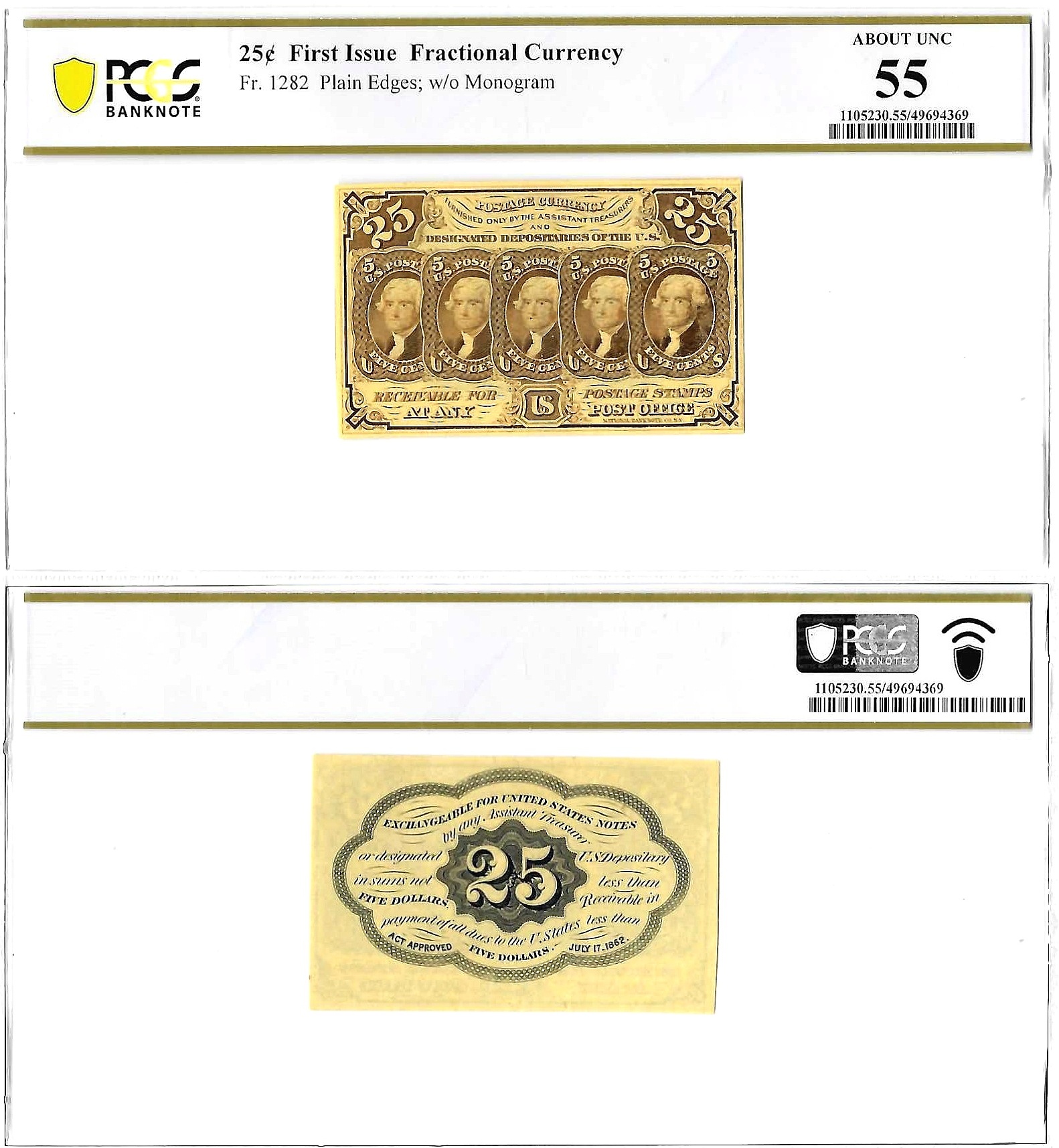25 Cents First Issue Fractional Currency Fr. 1282 PCGS AU 55