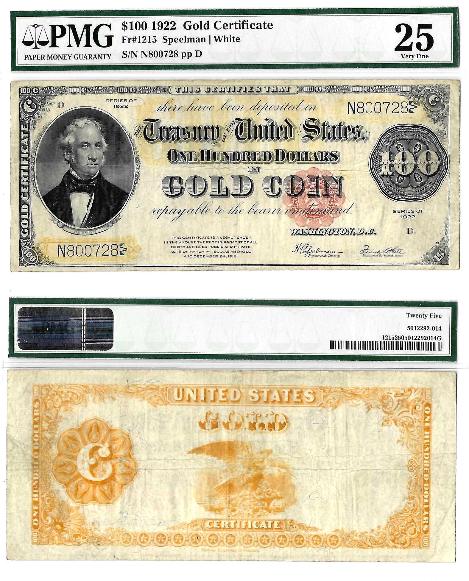 1922 $100 Gold Certificate Fr. 1215 PMG VF 25