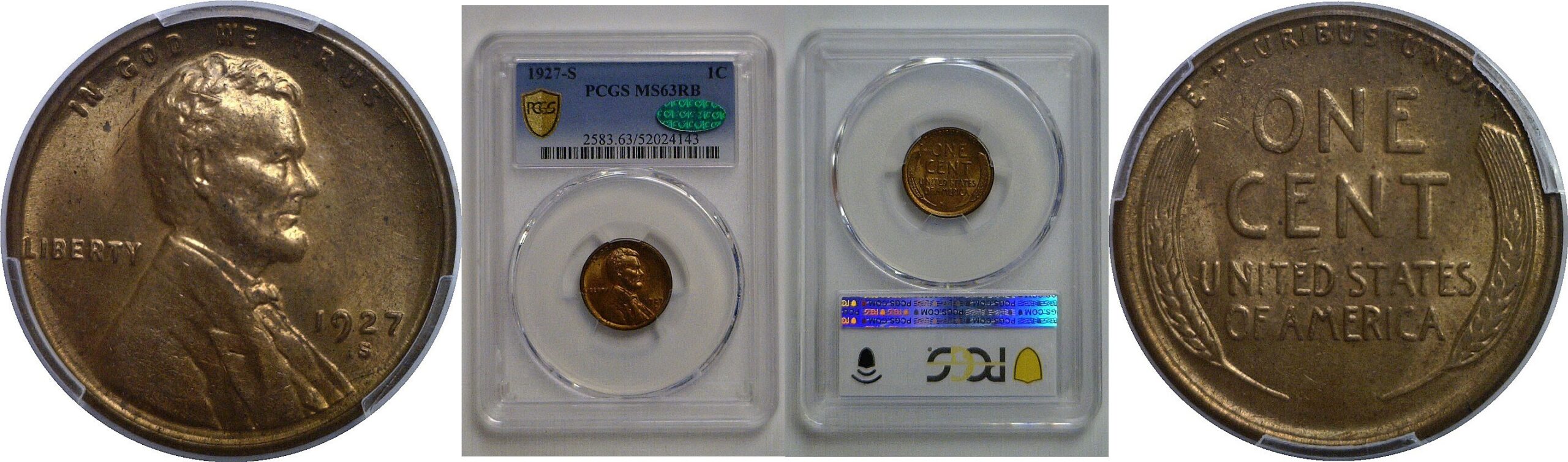 1927-S Lincoln Cent   PCGS MS-63 RB  CAC