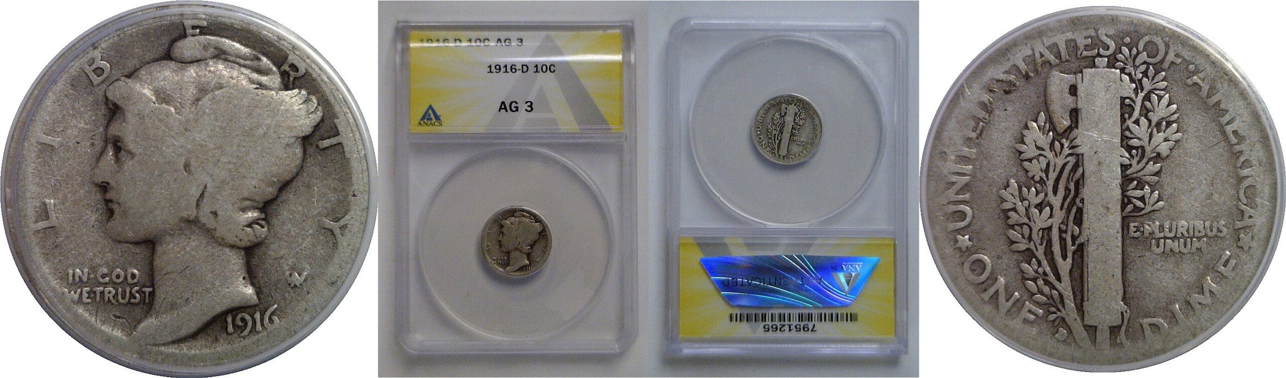 1916-D Mercury Dime   ANACS AG-3