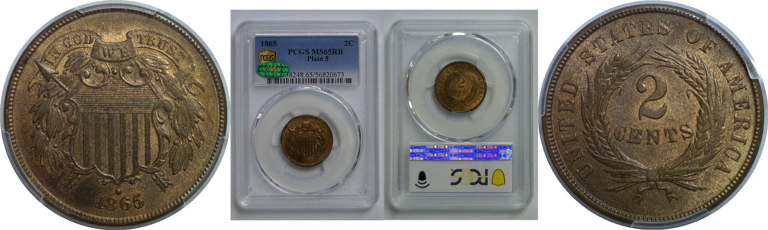 1865 Plain 5   Two Cent Piece   PCGS MS-65 RB  CAC