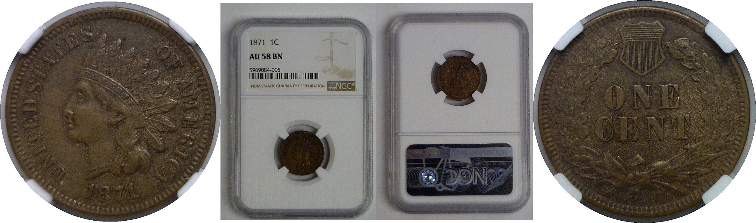 1871 Indian Head Cent   NGC AU-58