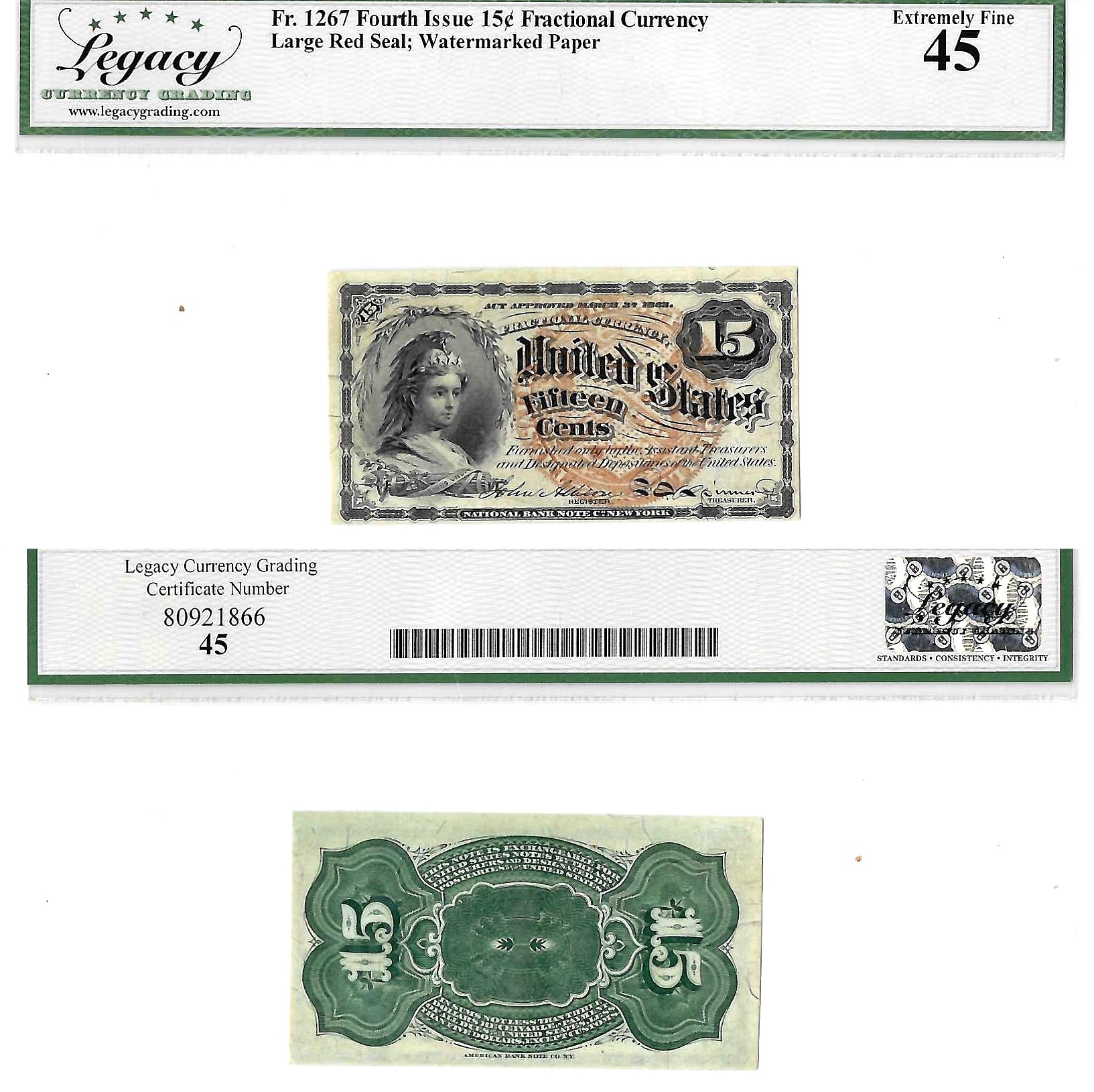 15 Cents Fourth Issue Fractional Currency Fr. 1267 Legacy XF 45