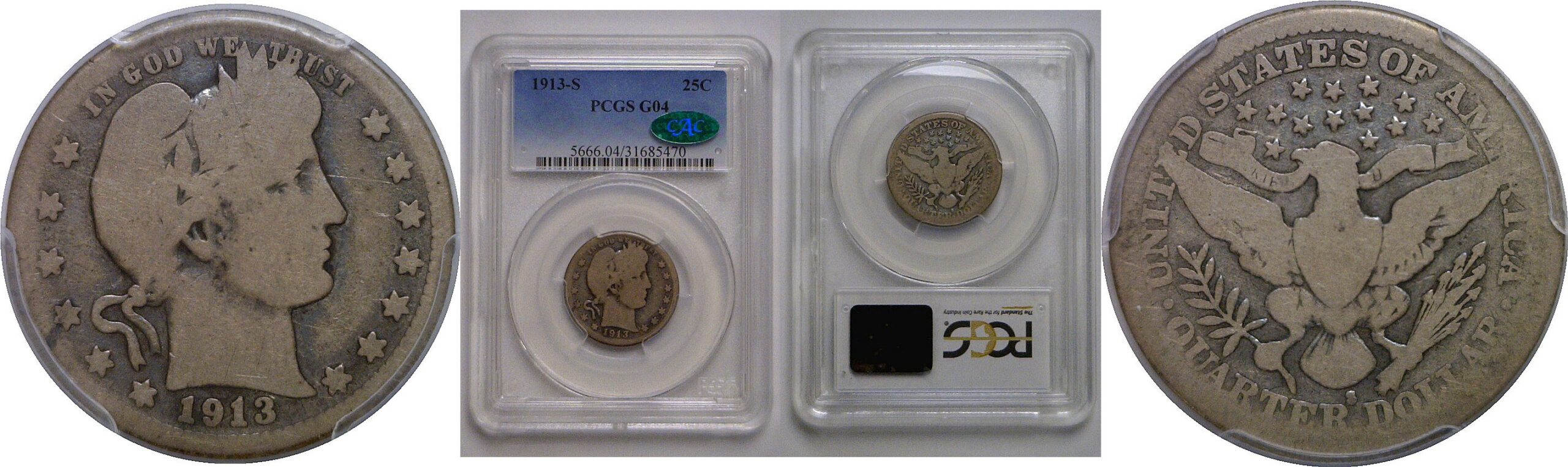 1913-S Barber Quarter   PCGS G-4  CAC