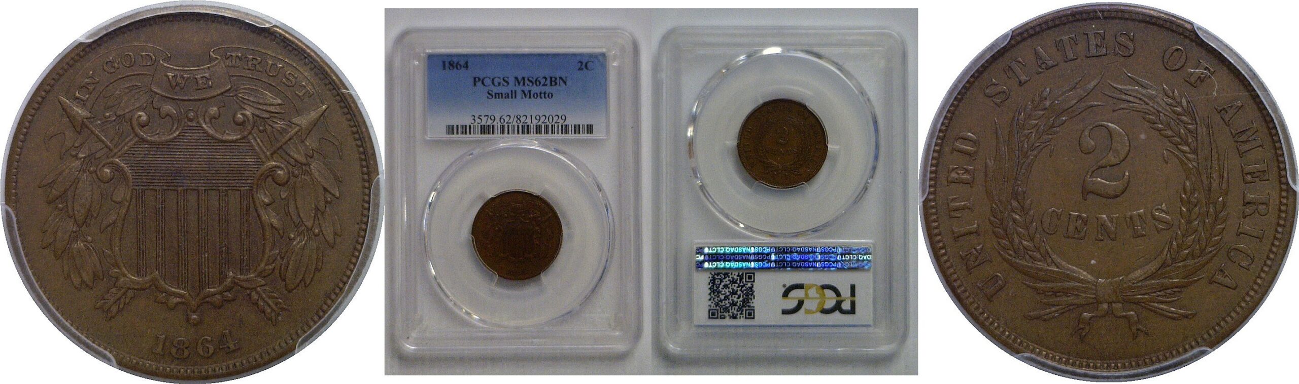 1864 Small Motto   Two Cent Piece   PCGS MS-62 BN