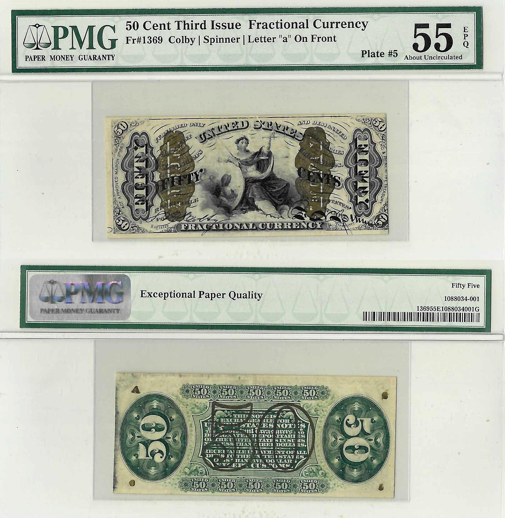 50 Cents Third Issue Fractional Currency Fr. 1369 PMG AU 55 EPQ
