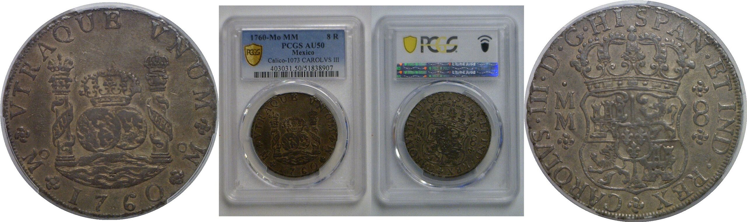 1760-Mo MM 8 Reales   Mexico (Charles III)   PCGS AU-50  (Calico-1073)