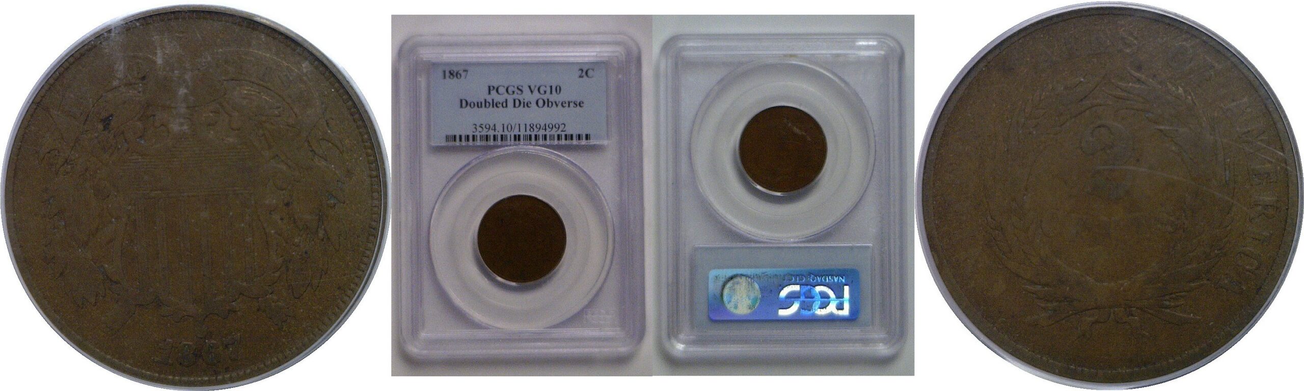 1867 Doubled Die Obverse   Two Cent Piece   PCGS VG-10