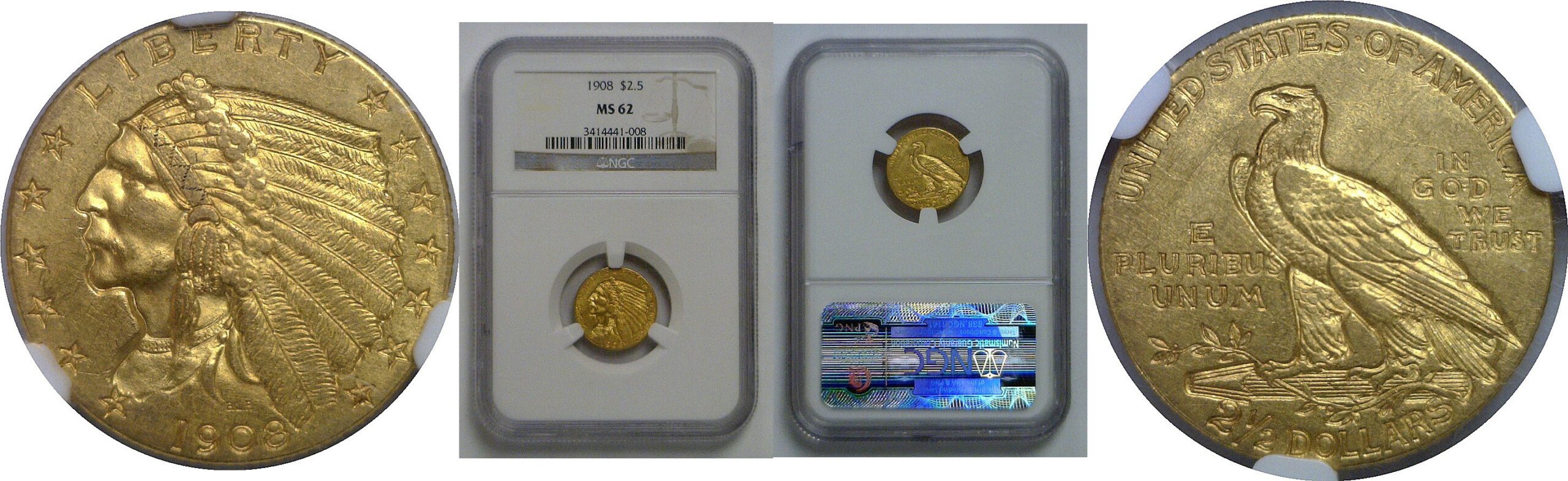 1908 $2 1/2 Indian   NGC MS-62