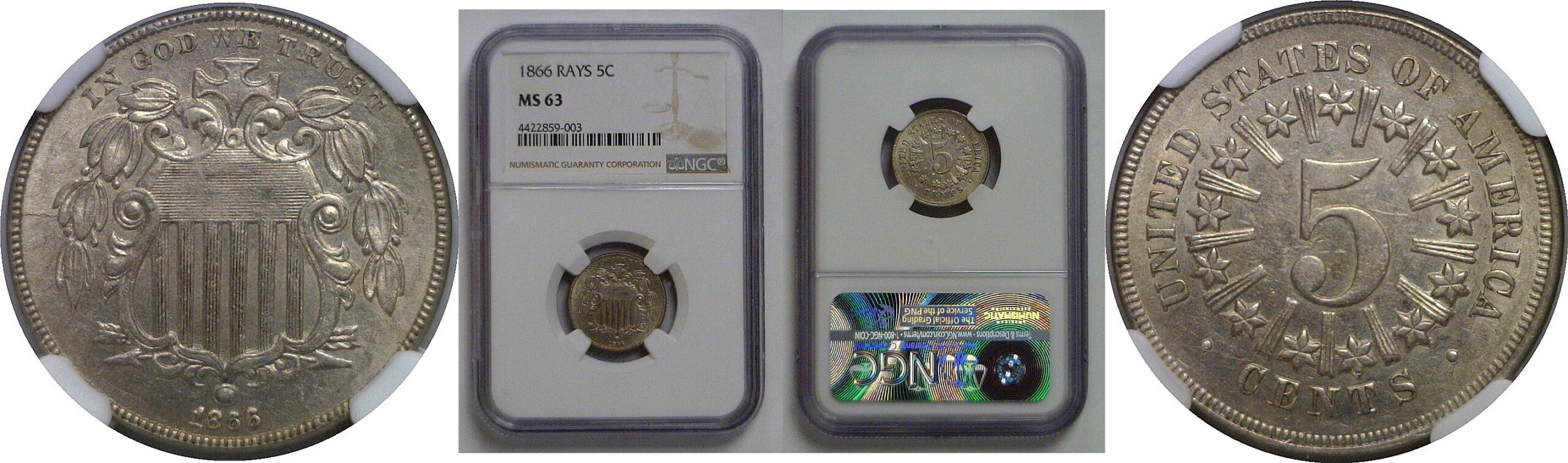 1866 Rays  Shield Nickel   NGC MS-63