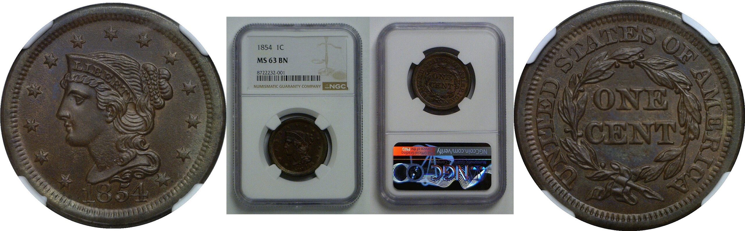 1854 Large Cent   NGC MS-63 BN