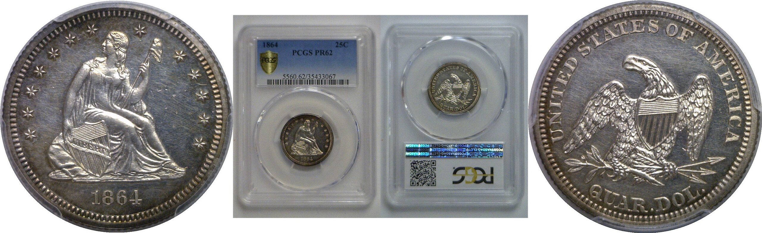 1864 Seated Liberty Quarter   PCGS PR-62