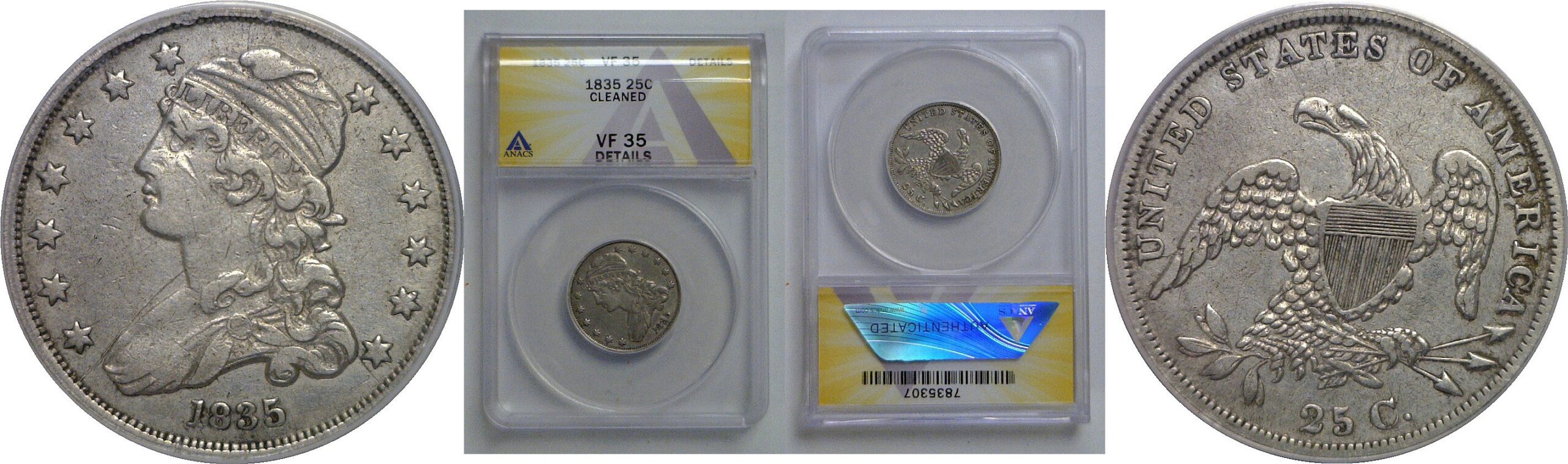 1835 Bust Quarter   ANACS VF-35 Details, Cleaned