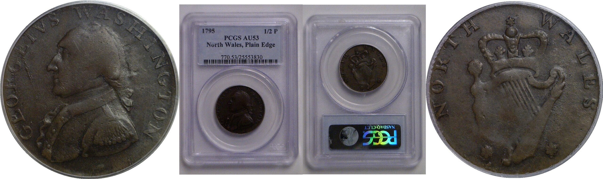 1795 North Wales, Plain Edge Halfpenny   PCGS AU-53