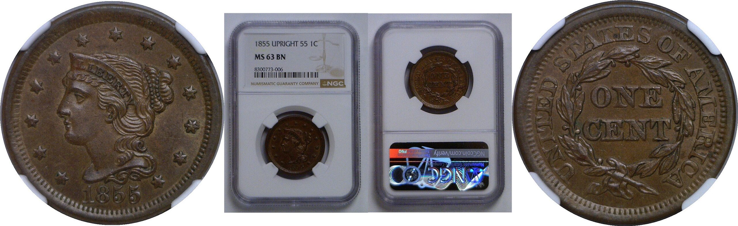 1855 Upright 55   Large Cent   NGC MS-63 BN
