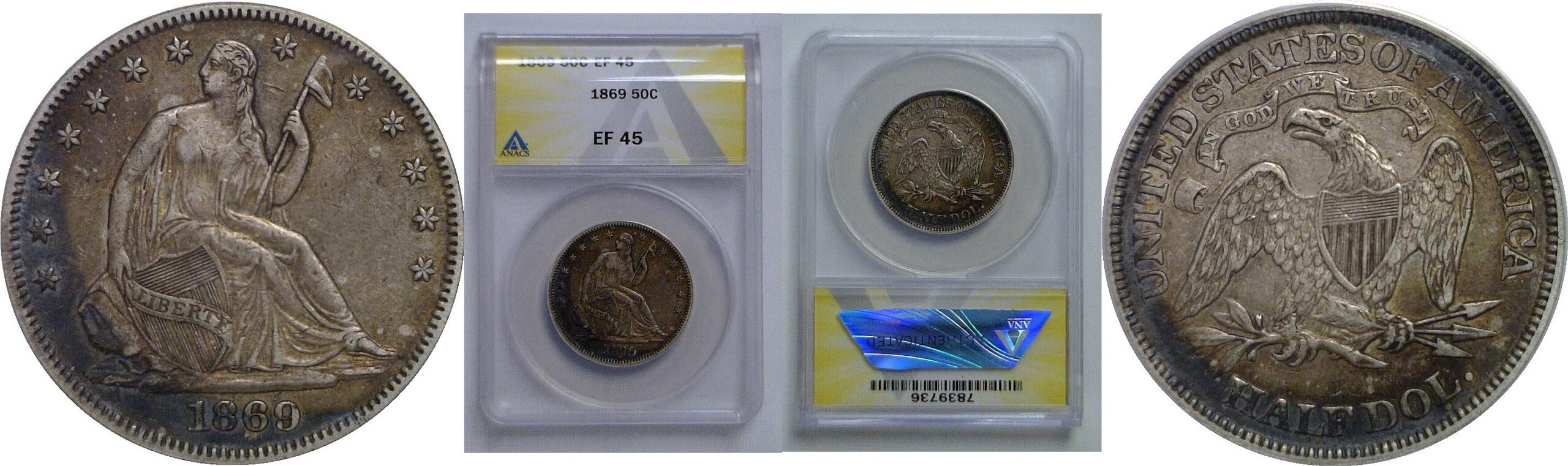 1869 Seated Liberty Half Dollar   ANACS EF-45