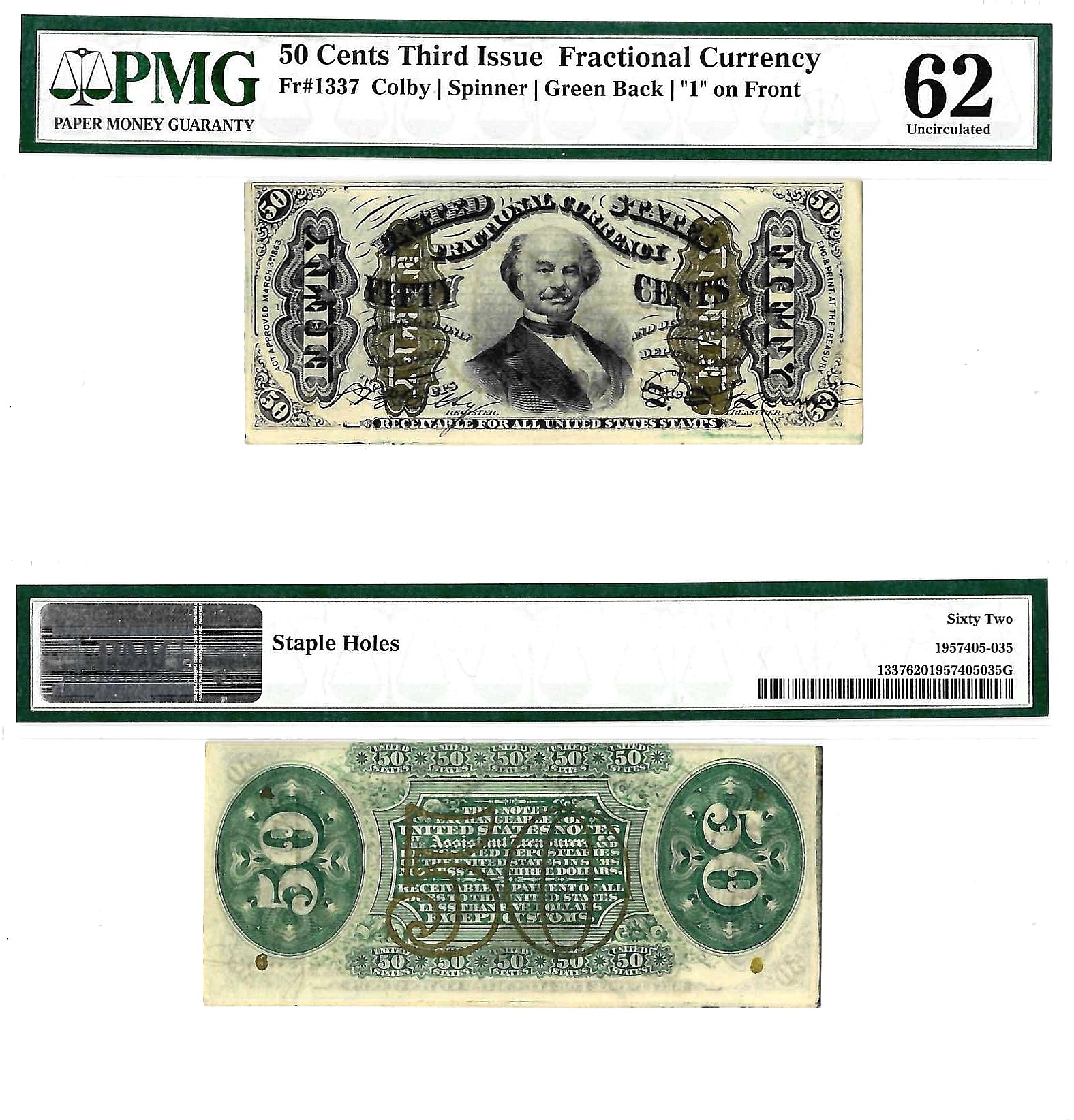 50 Cents Third Issue Fractional Currency Fr. 1337 PMG UNC 62