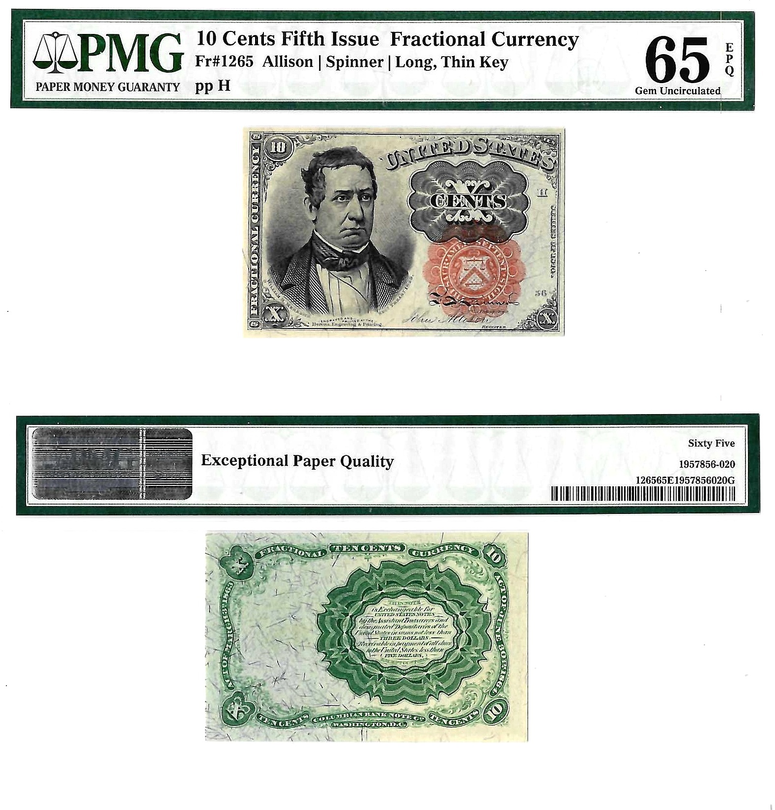 10 Cents Fifth Issue Fractional Currency Fr. 1265 PMG Gem UNC 65 EPQ