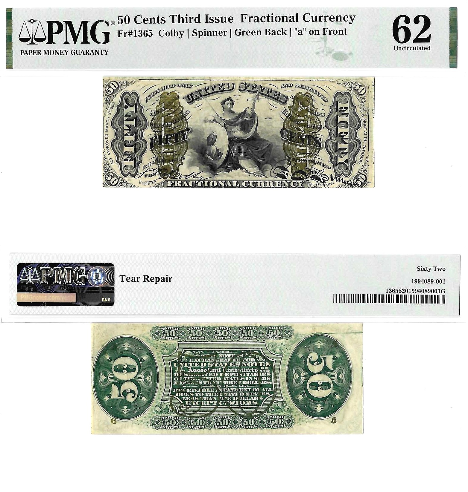 50 Cents Third Issue Fractional Currency Fr. 1365 PMG UNC 62