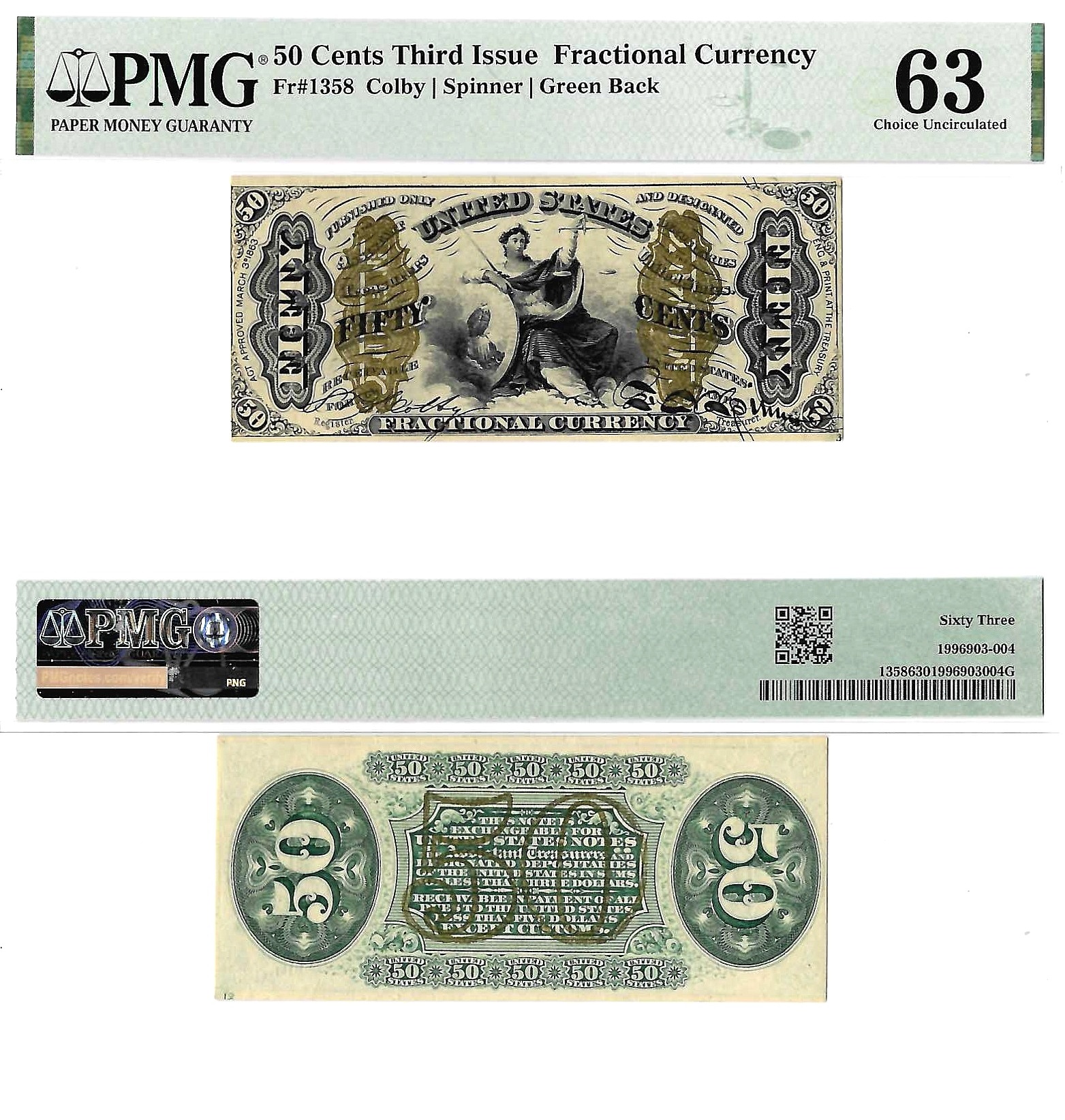 50 Cents Third Issue Fractional Currency Fr. 1358 PMG Choice UNC 63