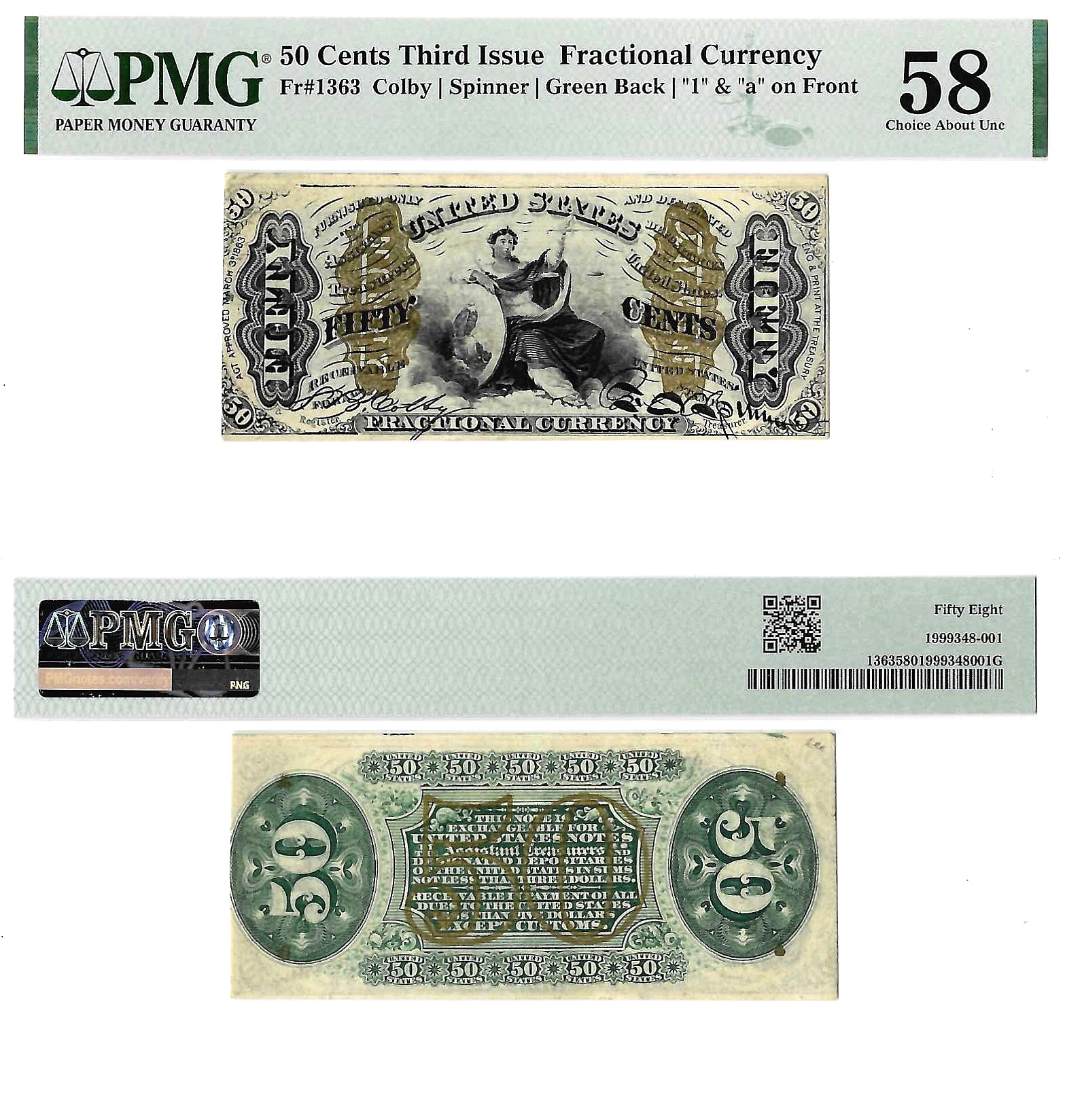 50 Cents Third Issue Fractional Currency Fr. 1363 PMG Choice AU 58