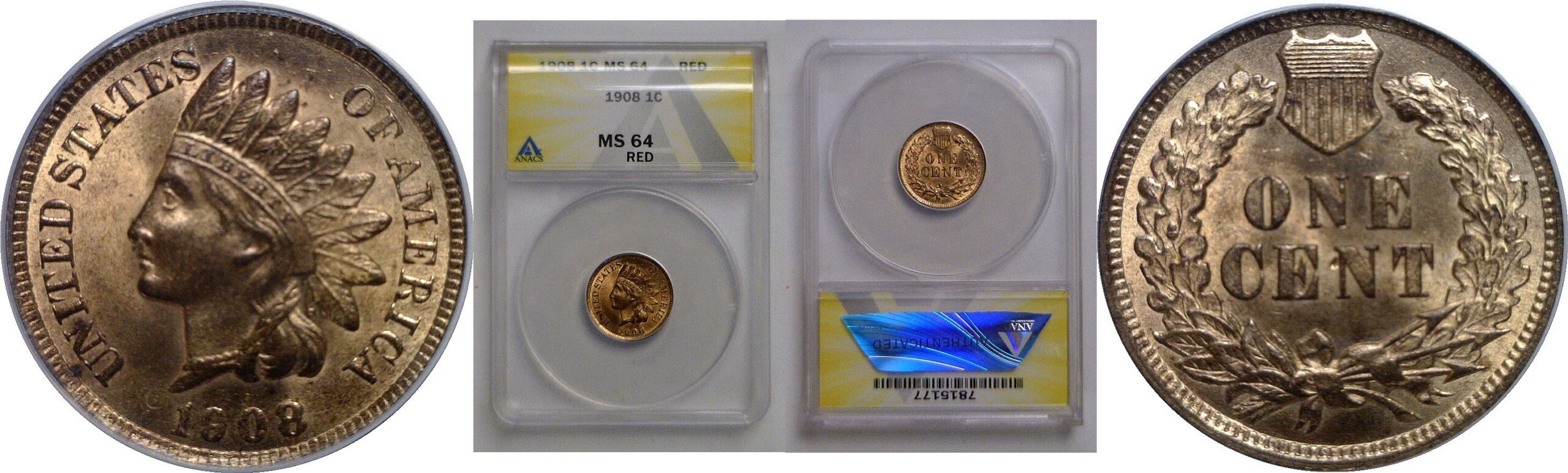 1908 Indian Head Cent   ANACS MS-64 Red