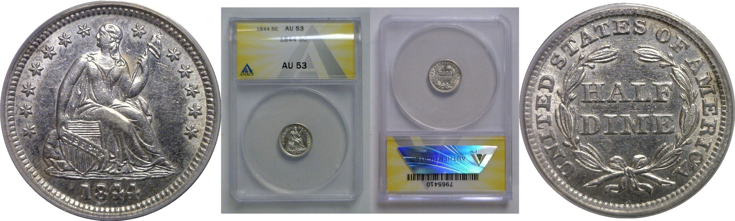 1844 Seated Liberty Half Dime   ANACS AU-53