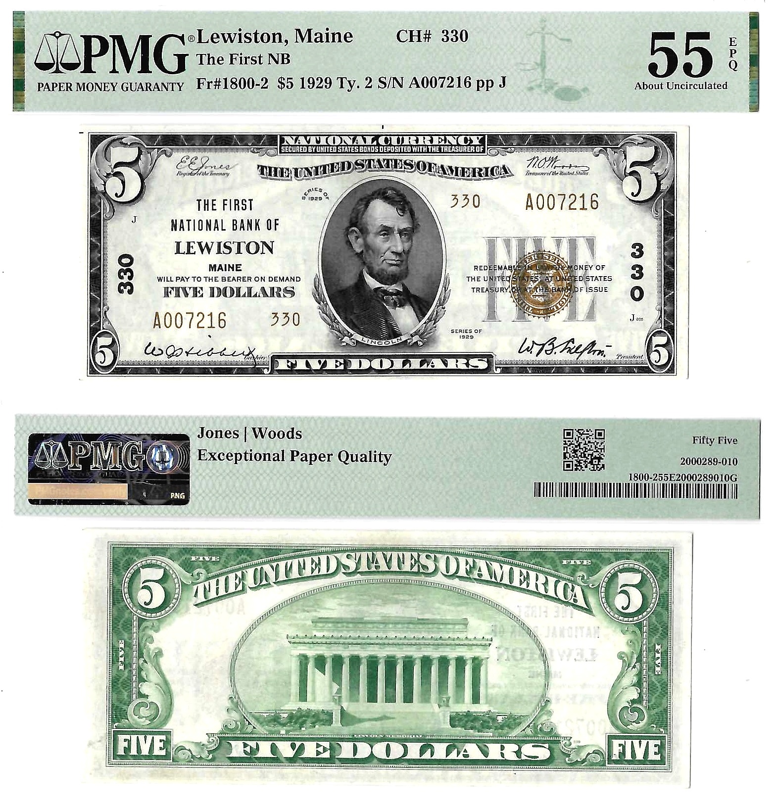 1929 $5 Type 2 First National Bank Of Lewiston, Maine Charter# 330 PMG AU 55 EPQ