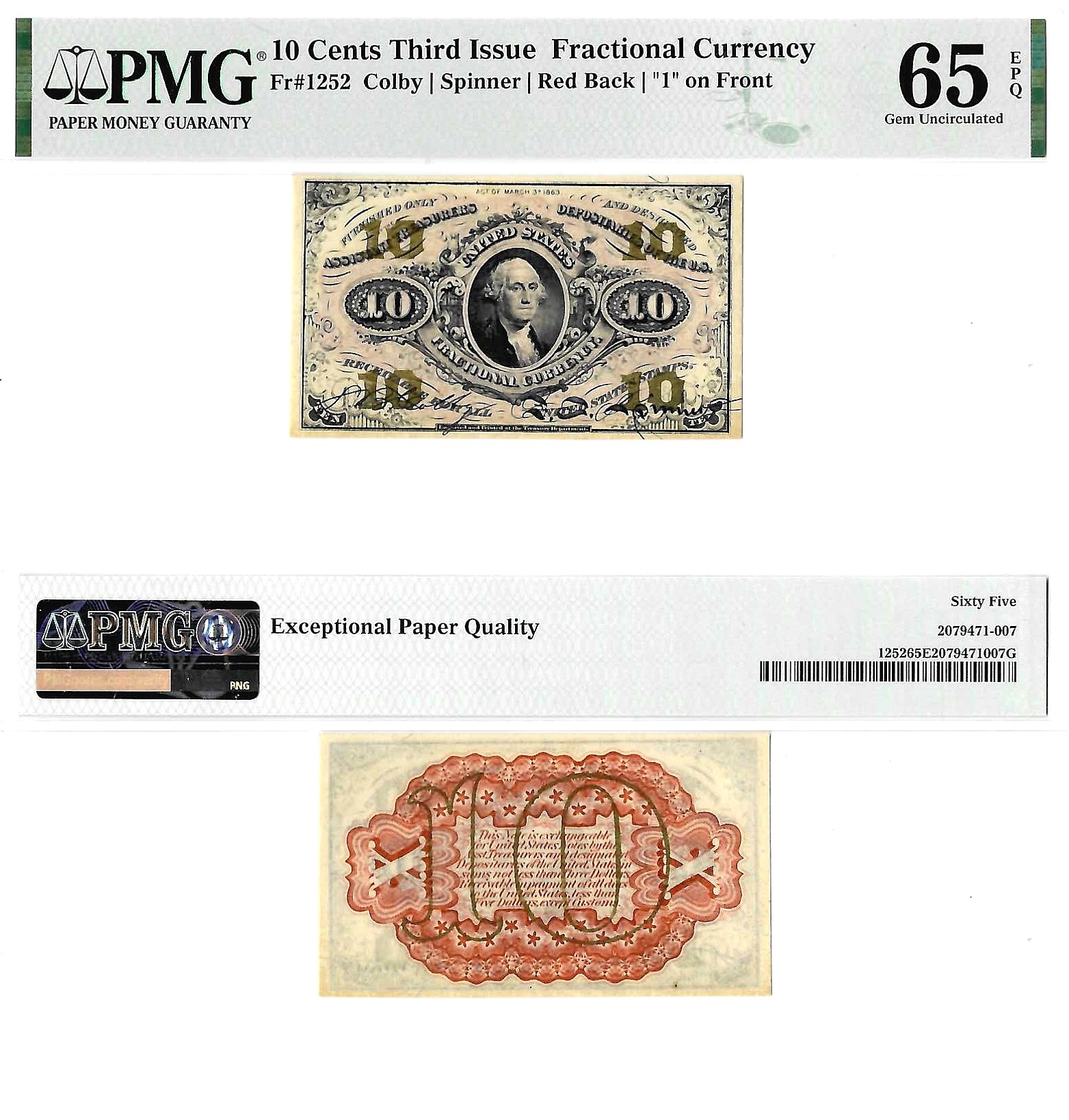 10 Cents Third Issue Fractional Currency Fr. 1252 PMG Gem UNC 65 EPQ