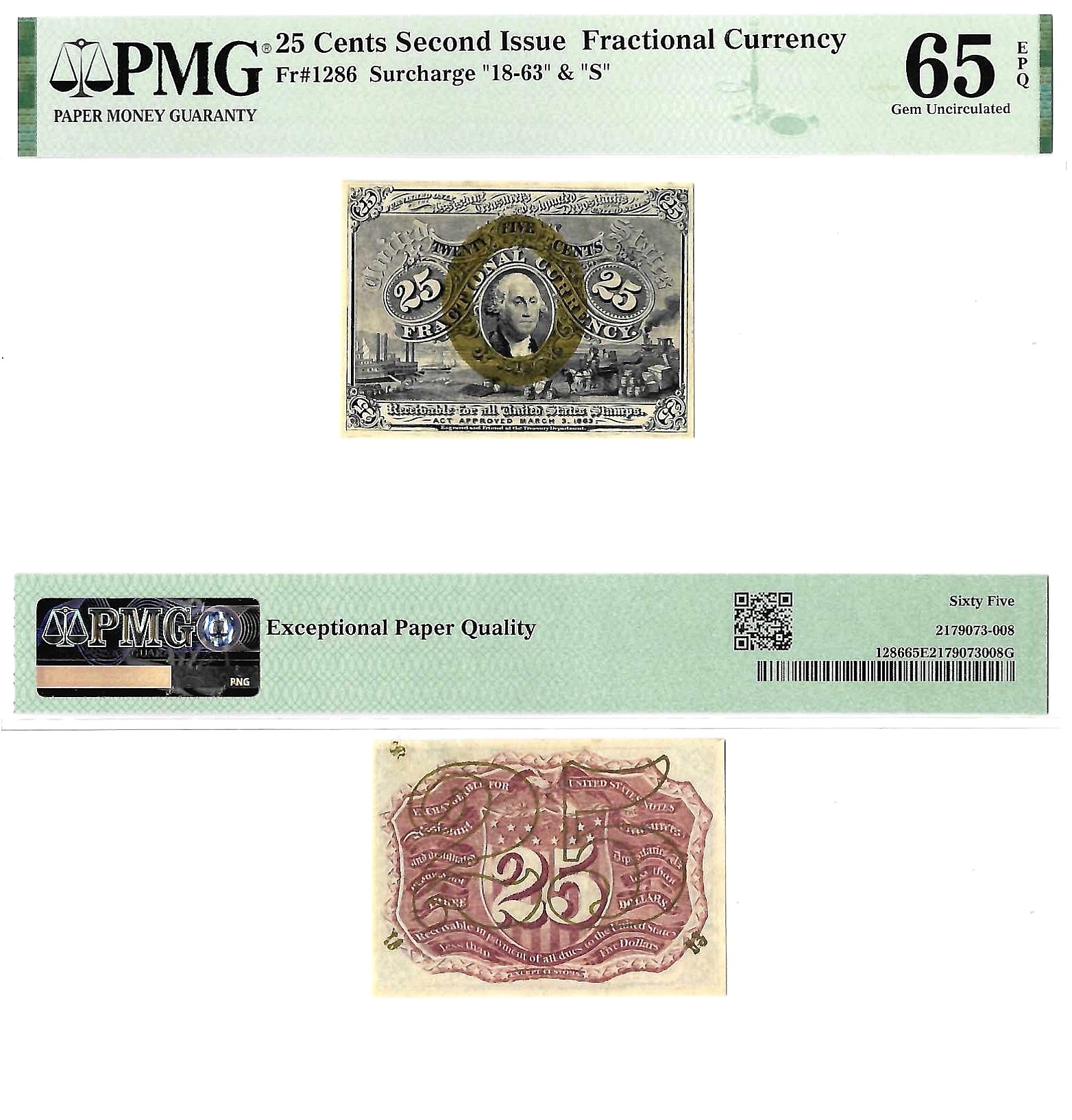 25 Cents Second Issue Fractional Currency Fr. 1286 PMG Gem UNC 65 EPQ