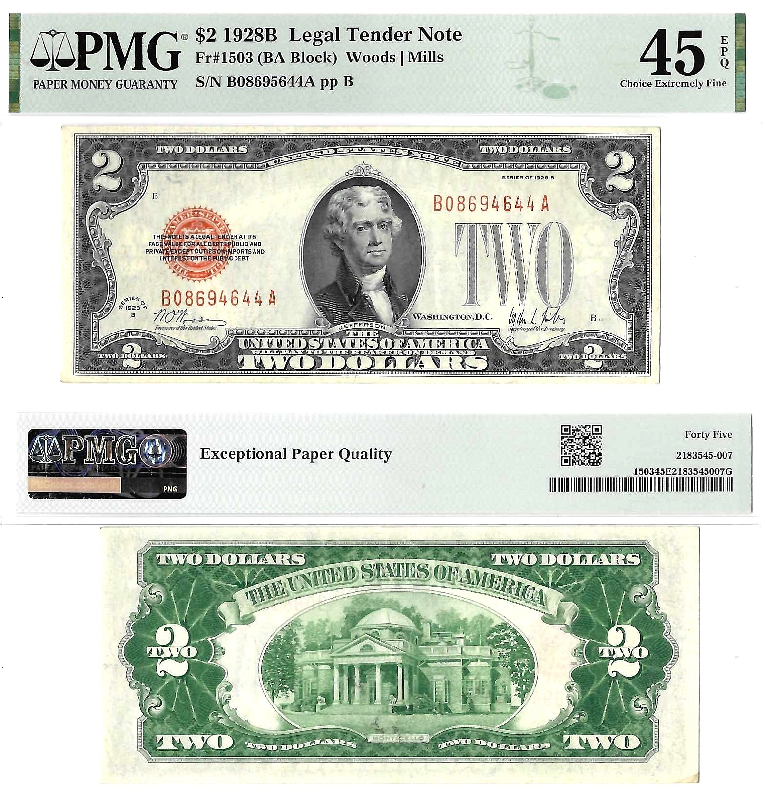 1928-B $2 Legal Tender Note Fr. 1503 PMG Choice XF 45 EPQ