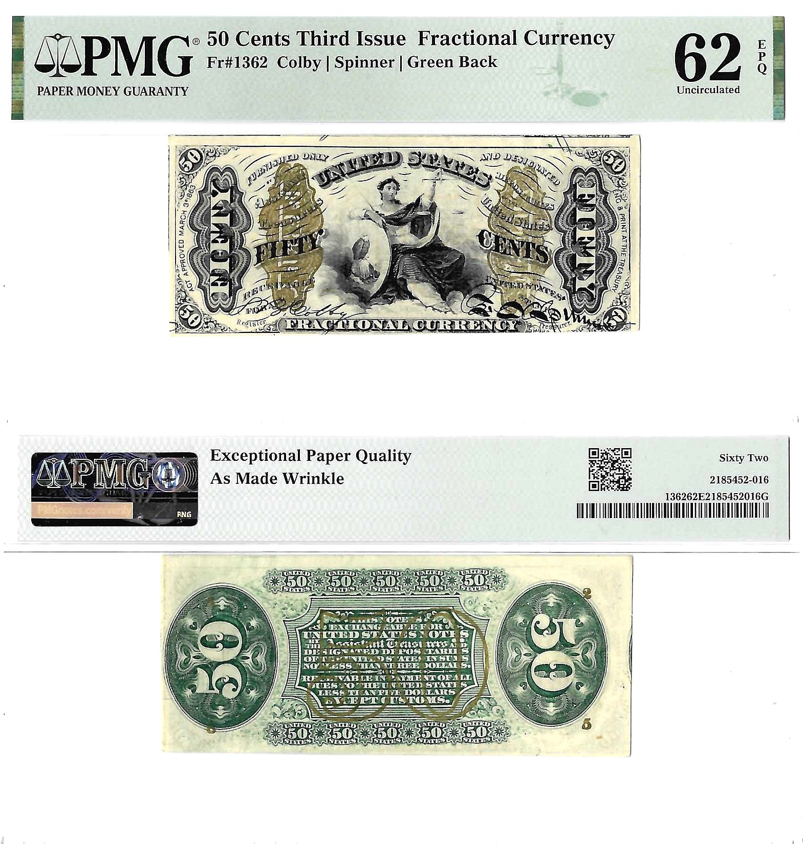 50 Cents Third Issue Fractional Currency Fr. 1362 PMG UNC 62 EPQ