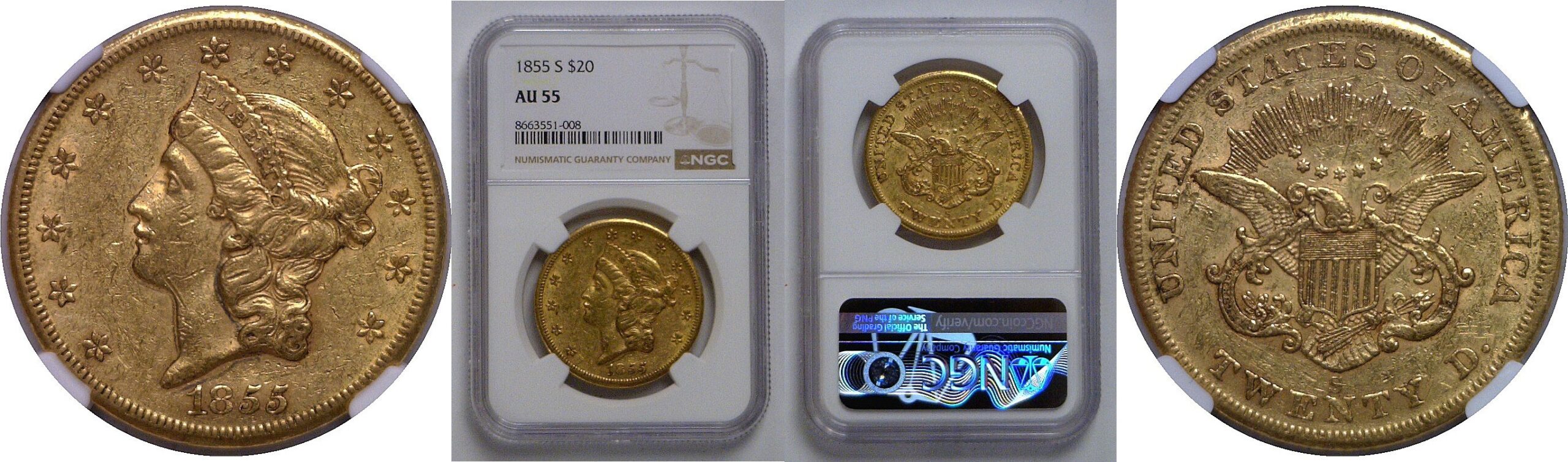 1855-S $20 Liberty   NGC AU-55