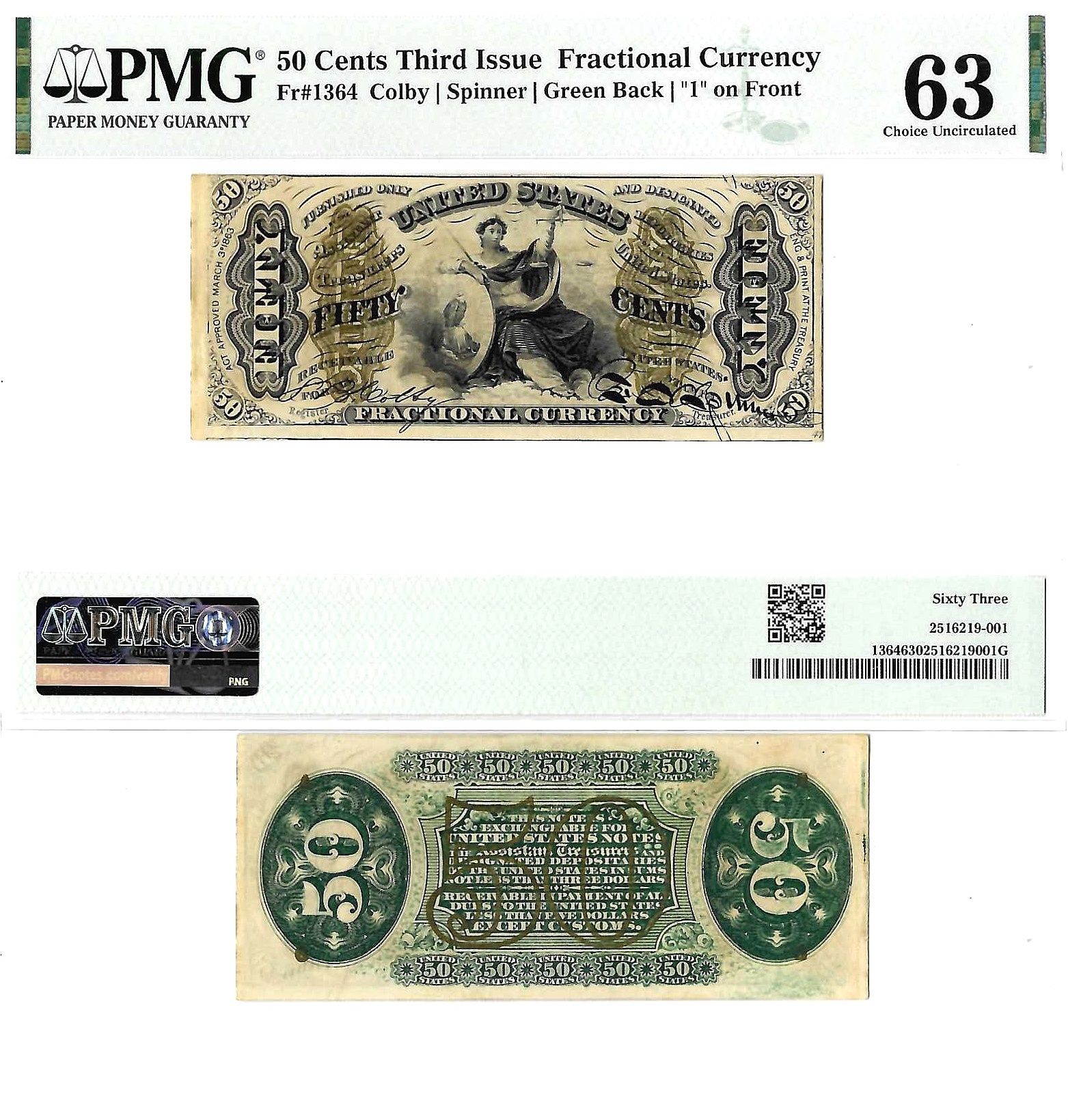 50 Cents Third Issue Fractional Currency Fr. 1364 PMG Choice UNC 63