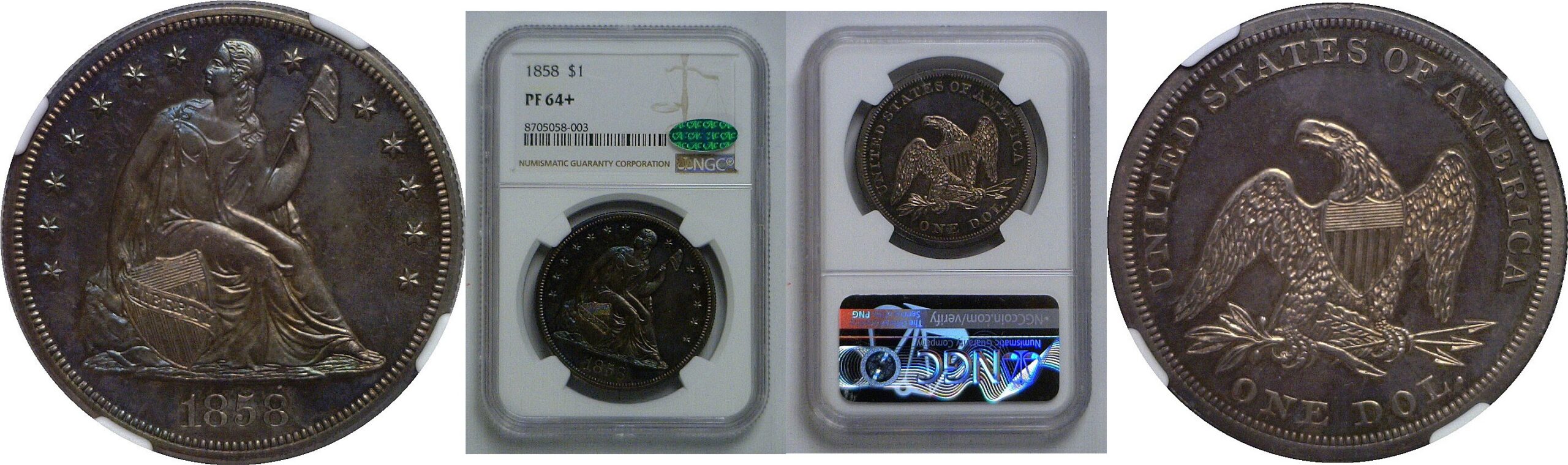1858 Seated Liberty Dollar   NGC PF-64+  CAC
