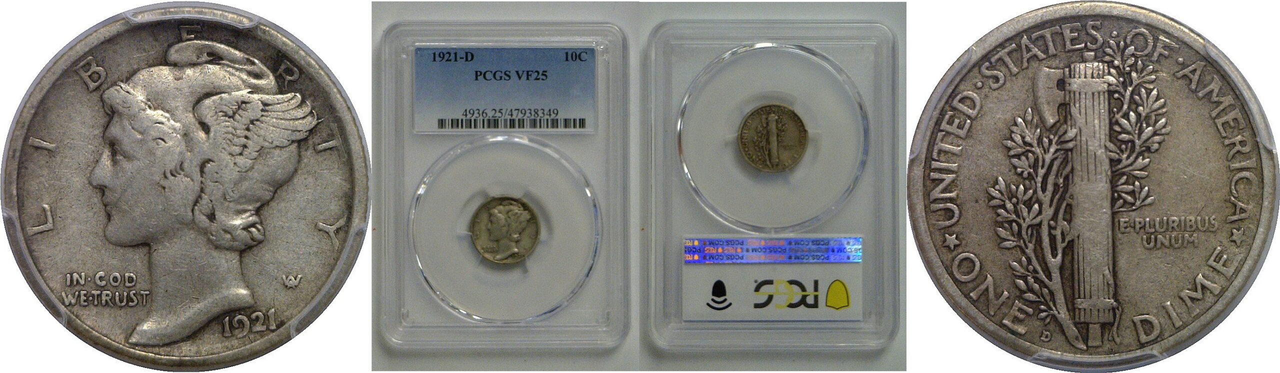 1921-D Mercury Dime   PCGS VF-25