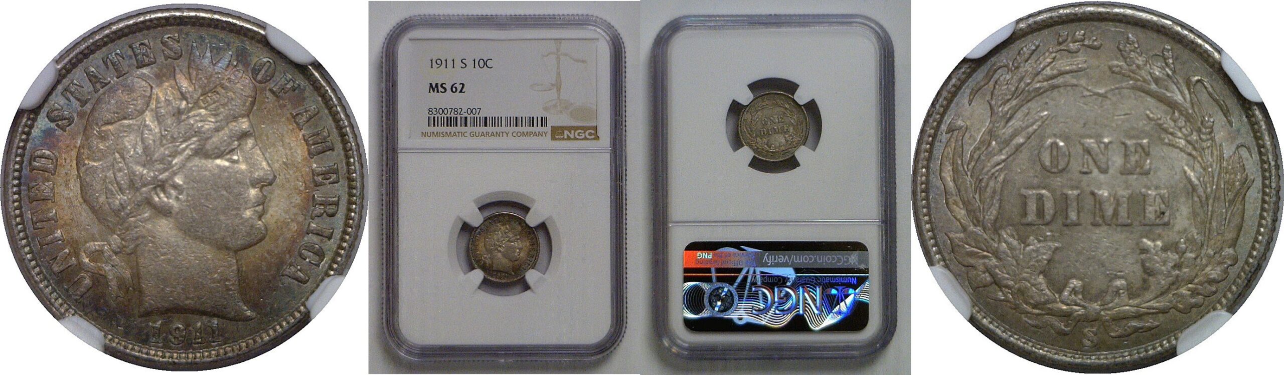 1911-S Barber Dime   NGC MS-62