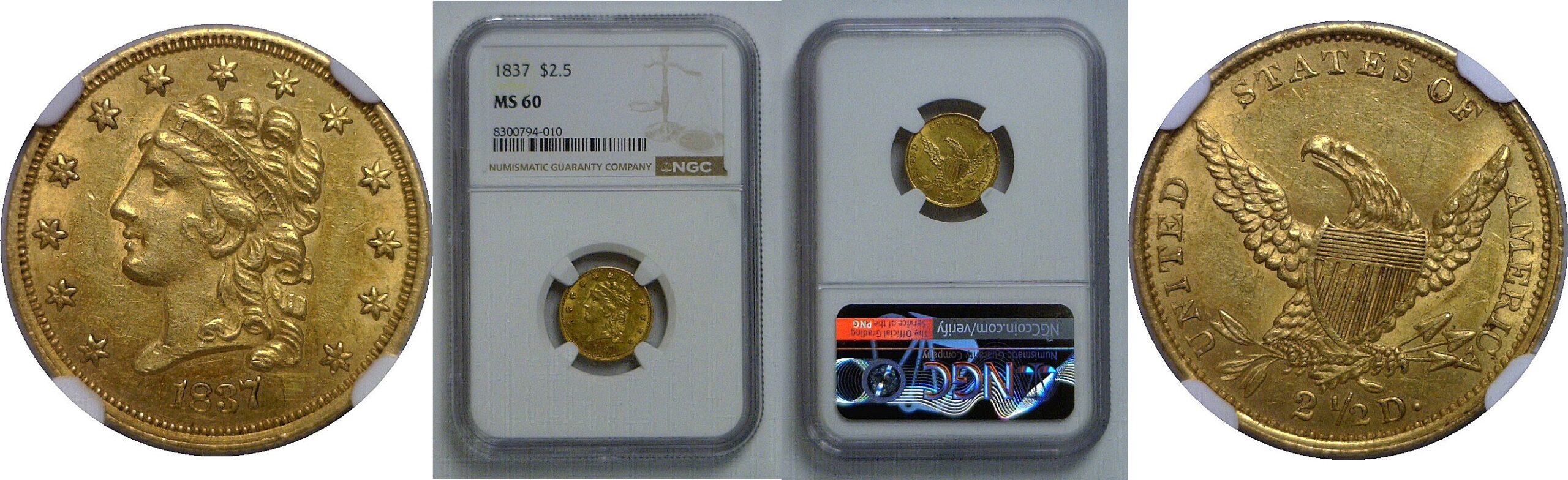 1837 $2 1/2 Classic   NGC MS-60