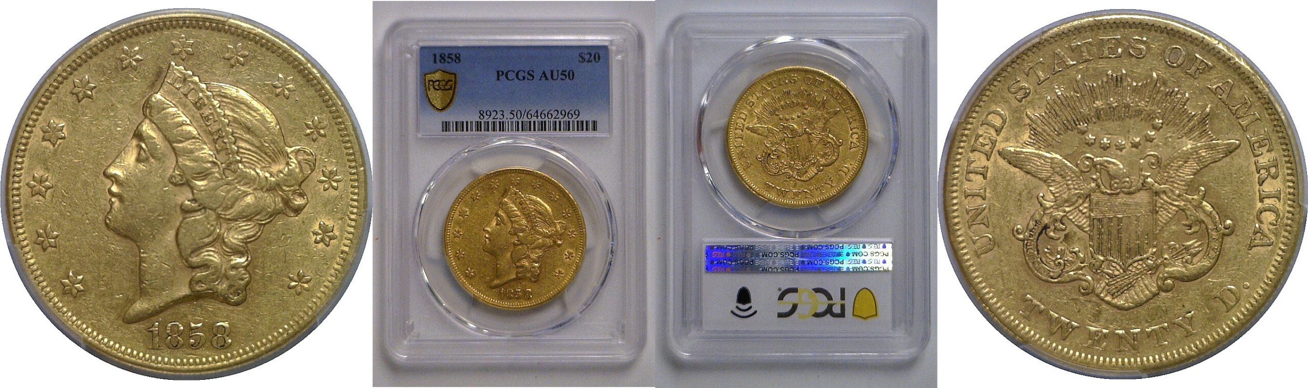 1858 $20 Liberty   PCGS AU-50
