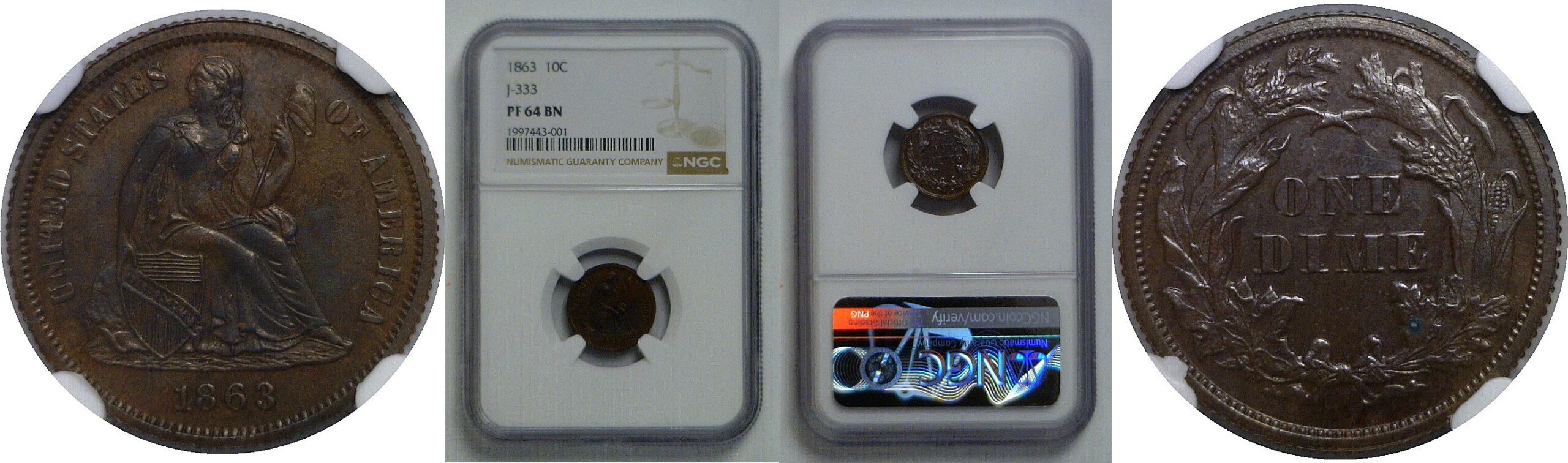 1863 Pattern Dime   Judd-333   NGC PF-64 BN