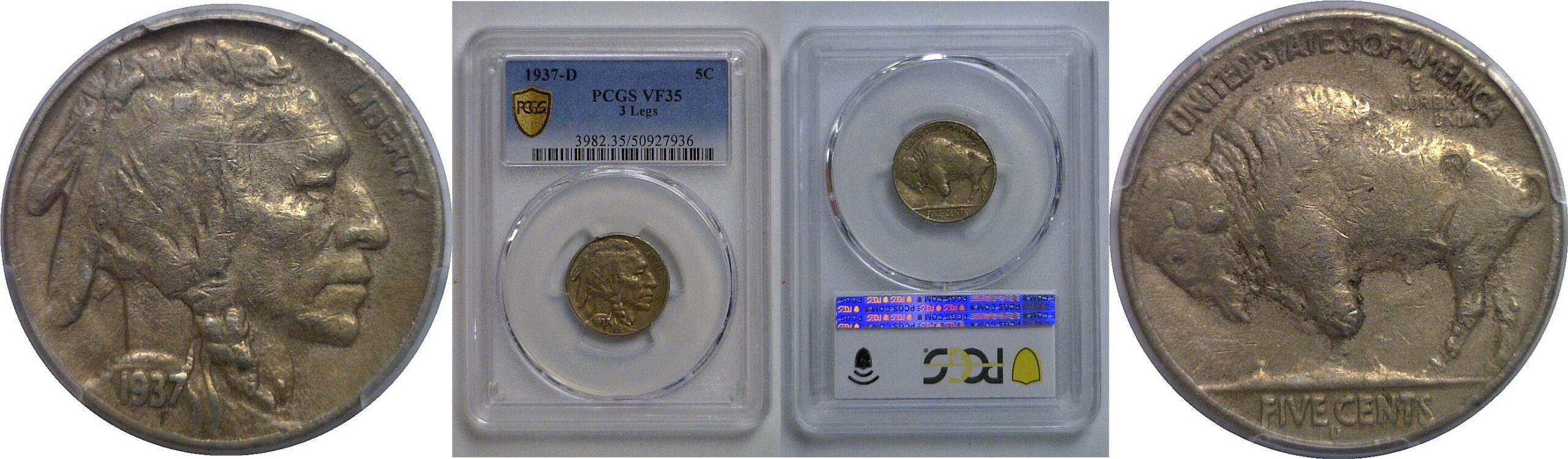 1937-D 3 Legs  Buffalo Nickel   PCGS VF-35