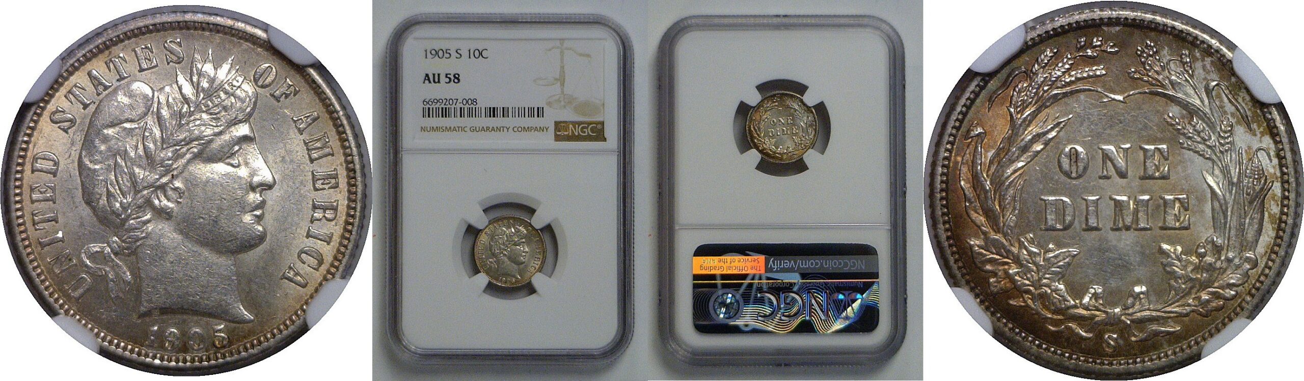 1905-S Barber Dime   NGC AU-58