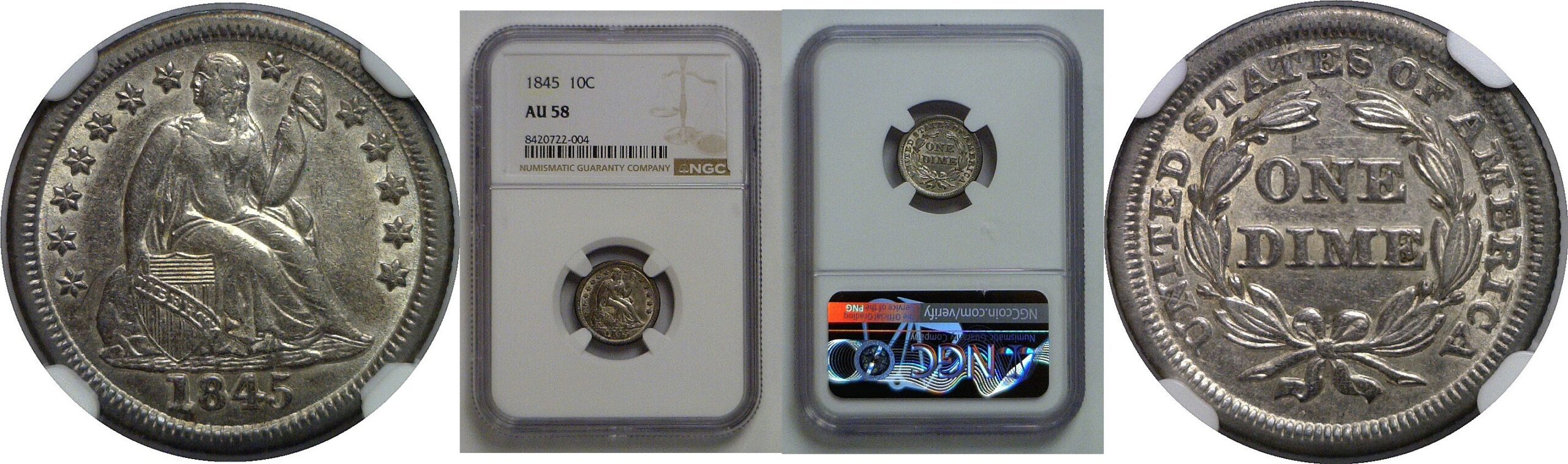 1845 Seated Liberty Dime   NGC AU-58