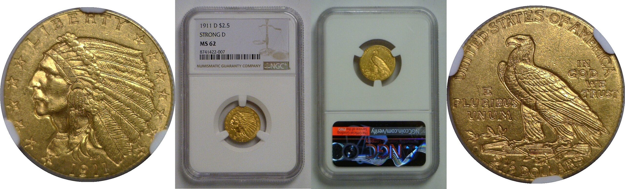1911-D Strong D   $2 1/2 Indian   NGC MS-62